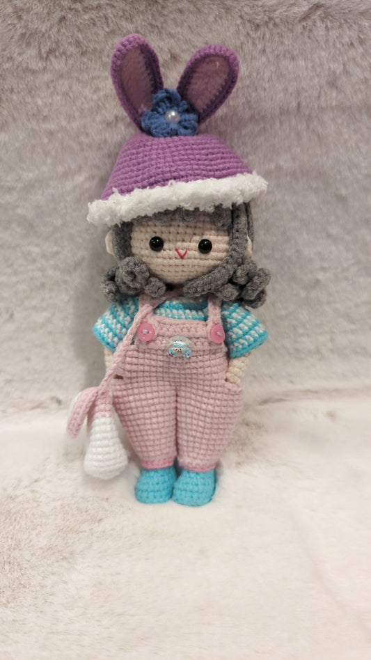 Handmade Crochet doll with rabbit hat